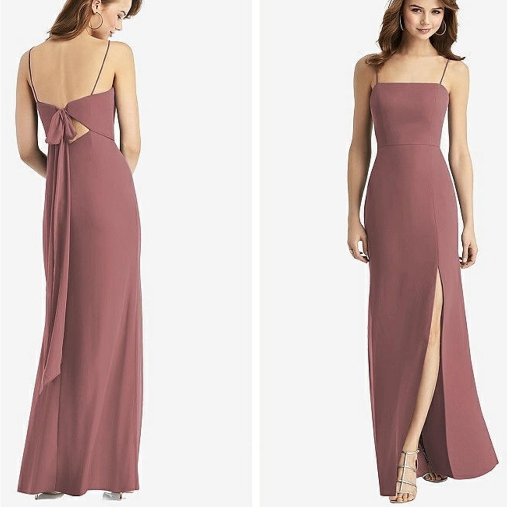 DESSY GROUP TIE-BACK CUTOUT TRUMPET GOWN WITH FRONT SLIT IN DUSTY ROSE